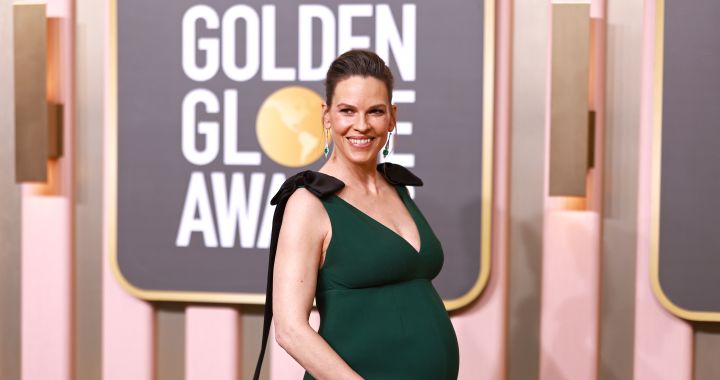 Heavily pregnant Hilary Swank posing with as she begins countdown to meet her twins